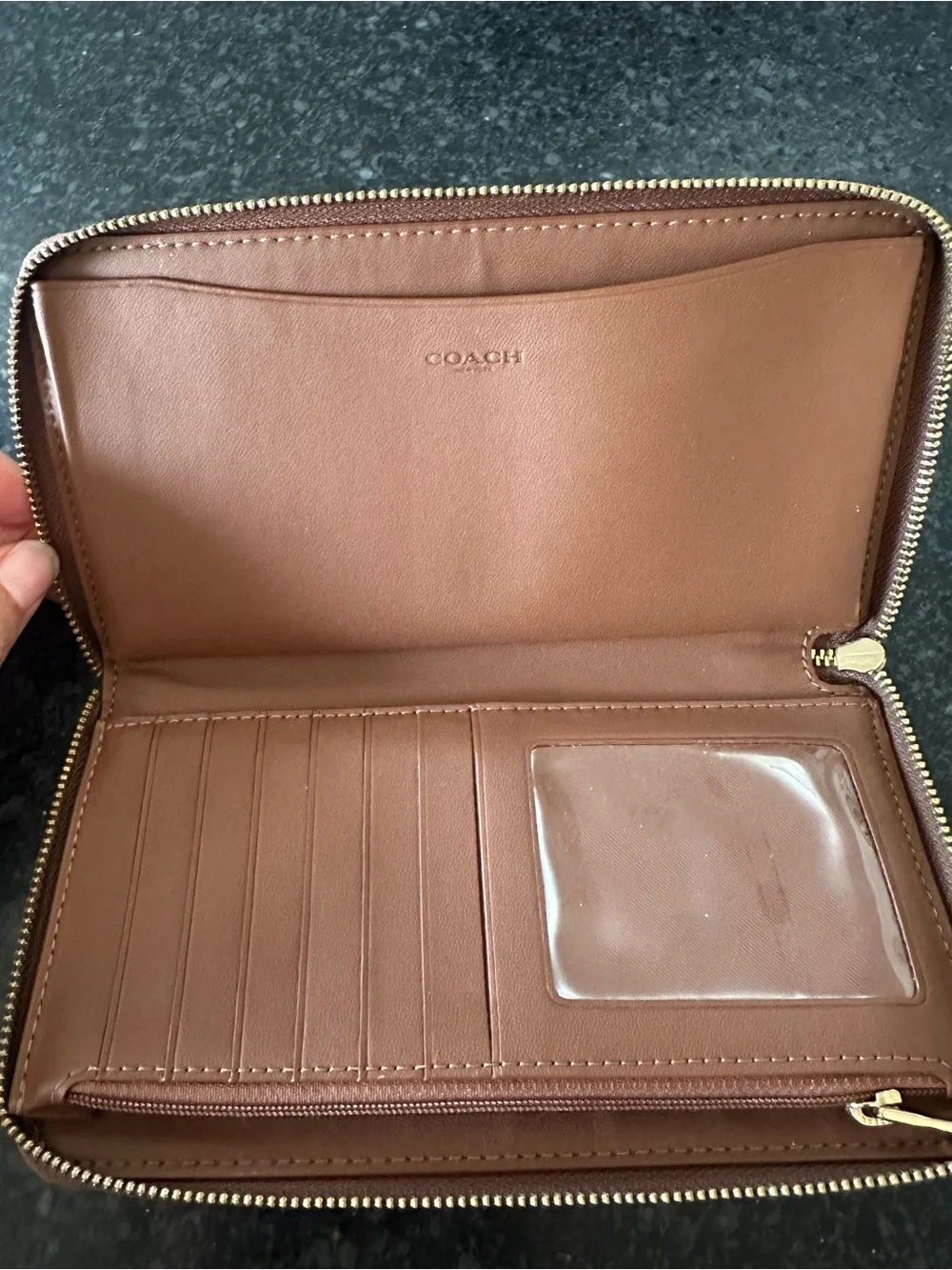 Coach Brown Leather Patch Wallet with Teal and Multicolor Stripes